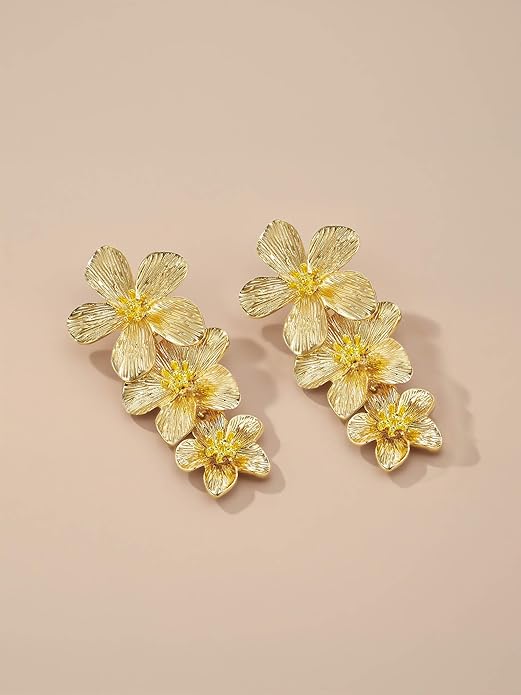 18K Gold Plated Large Chunky Flower Statement Earrings for Women by SNGIA, Summer Beach Floral Handmade Drop Jewelry, Maximalist Wedding Date Birthday Gift, Bold Exaggerated Textured Dangle Trendy Ribbed Jewelry, 18K Gold Plated Chandelier Fashion Acce...