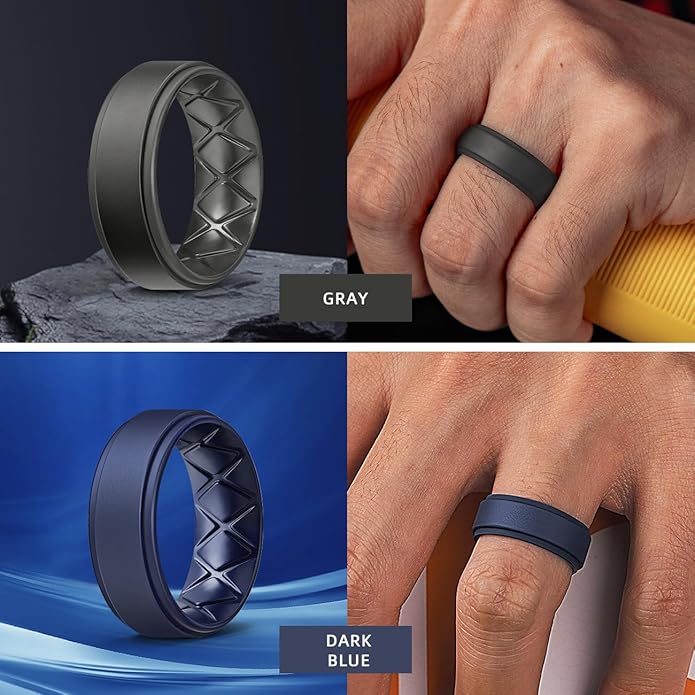 Egnaro Silicone Rings for Men 1/4/5/6/7 Multipack of Breathable Mens Silicone Rubber Wedding Rings Bands - Step Edge