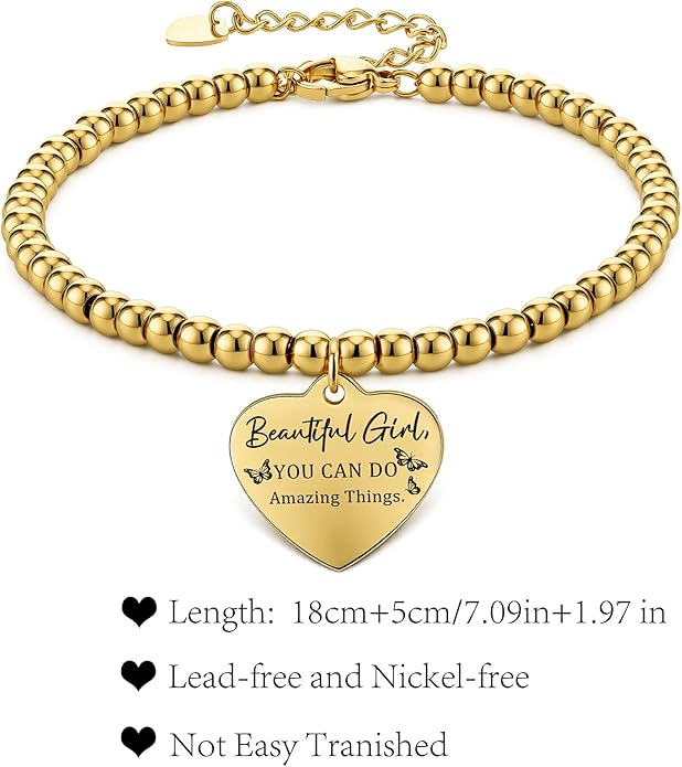 Beaded Gold Bracelet for Women Stretch Handmade Ball Charm Gifts for Women Dainty Don't Let The Hard Days Win Jewelry Charm Gifts for Her