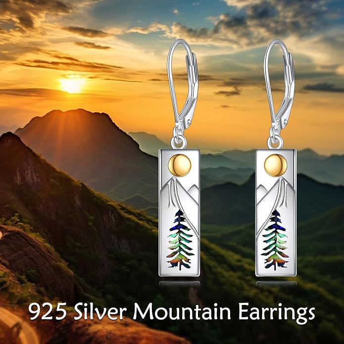 YFN Mountain Earrings 925 Sterling Silver Abalone Dangle Drop Mountain Jewelry Gift for Skiers, Hikers, Campers, Climbers and Nature Lovers