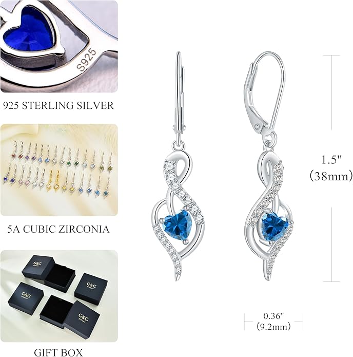 Infinity Heart Dangle Drop Earrings for Women, 925 Sterling Silver Birthstone Leverback Earrings, Birthday Anniversary Valentines Day Jewelry Gifts for Women Mom Her