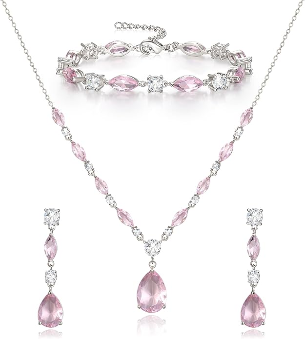 Crysdue Teardrop Bridal Jewelry Set for Wedding Party, Silver/14K/Rose Gold Plated Prom Costume Jewellery for Bride Bridesmaids Women, Cubic Zirconia Necklace Dangle Earrings Bracelet