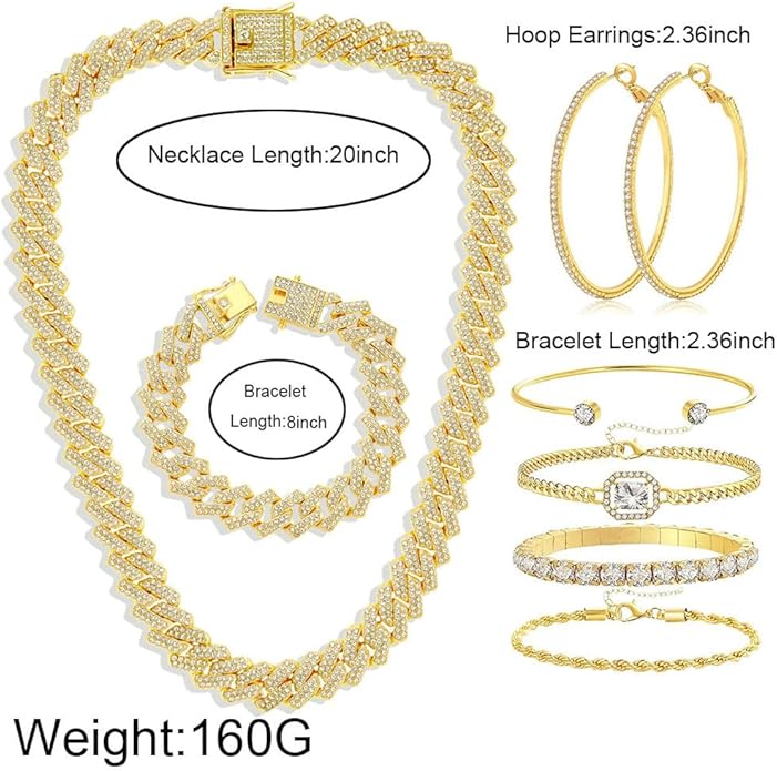 Hip Hop Cuban chain full Diamond necklace Rhinestone bracelet bracelet Gold and Silver women's Jewelry Women's earrings bracelet sets