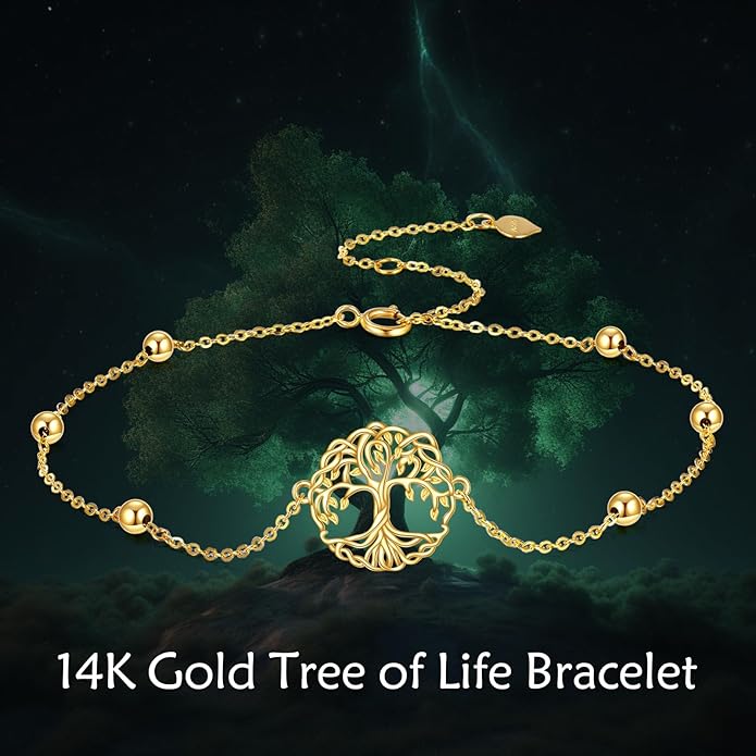 KECHO 14k Yellow Gold Butterfly/Dragonfly/Frog/Sunflower/Daisy/Tree of life/Moon/Clover Bracelet Anklet for Women