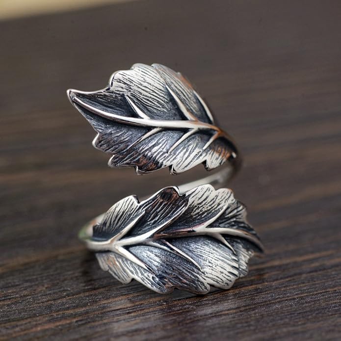 BALMORA Real 925 Sterling Silver Vintage Leaf Rings for Women Men Retro Lotus Feather Flower Adjustable Open Ring Floral Leaves Finger Statement Promise Ring Fashion Jewelry Birthday Gifts for Mom Daughter