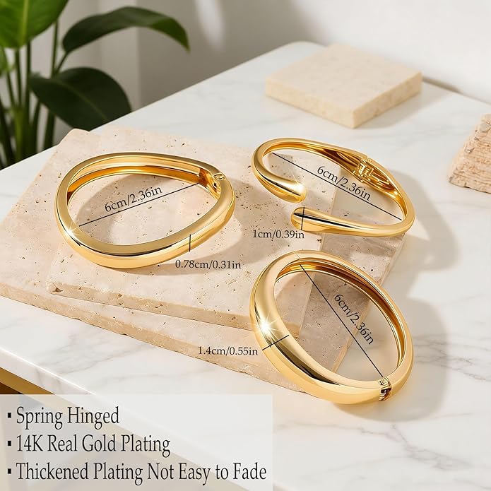 3Pcs Chunky Gold Bangles Bracelets for Women, Spring Hinged Big Stackable Bangles Set, Trendy Cuff Bracelet Stack Fashion Jewelry Gifts