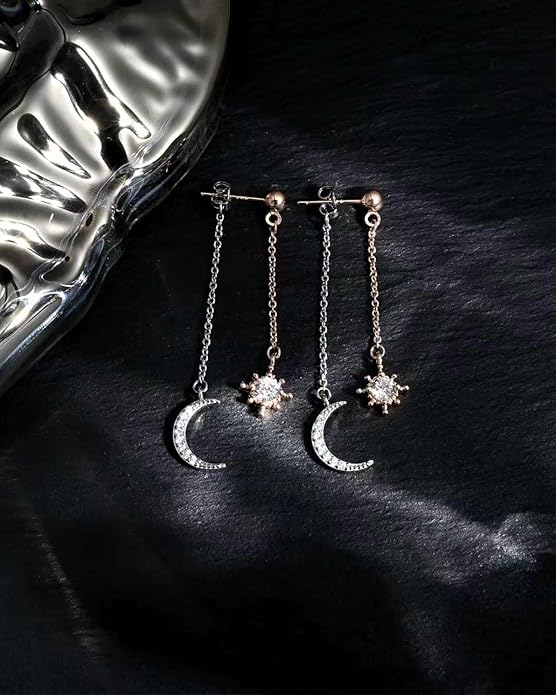 Moon and Star dangle Earrings for Women Chain Tassel with Cubic Zirconia Drop Celestial Jewelry for Wedding Gift