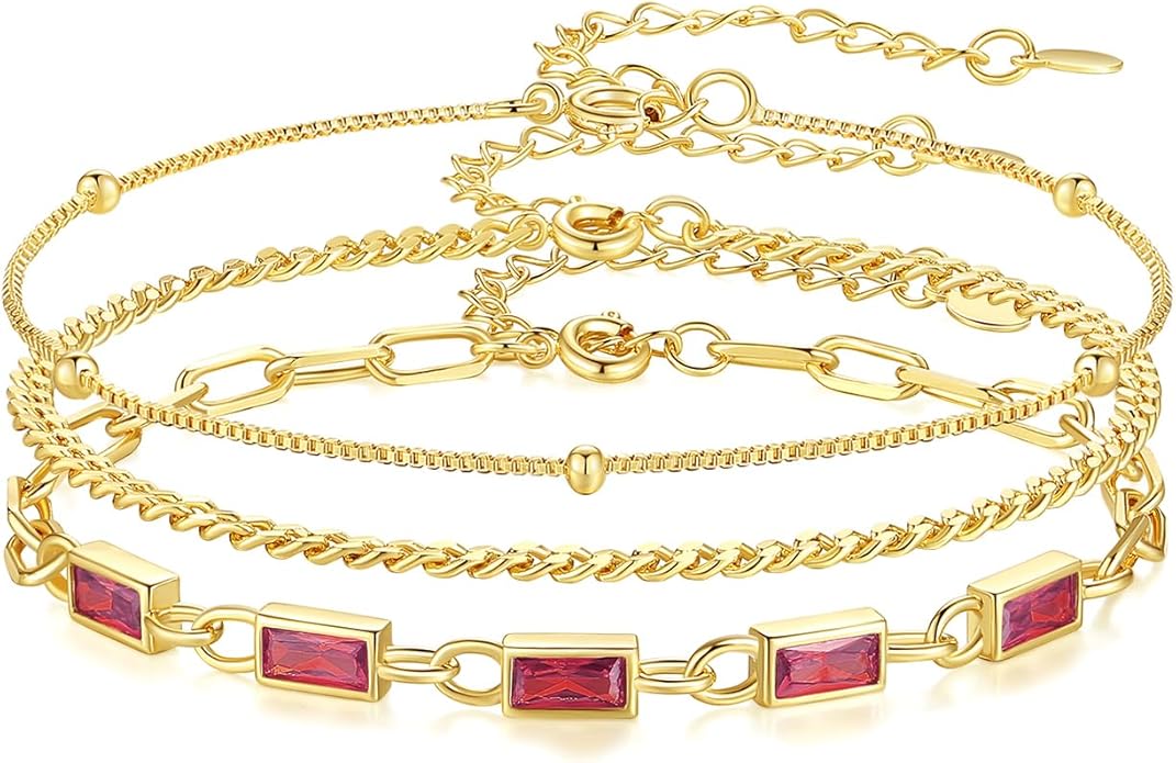 Gold Birthstone Bracelet for Women, 18K Gold Plated Layered Jewelry Bracelet Set, Womens Dainty Stackable Bracelets Link Paperclip Chain Valentines Day Gift for Wife Her