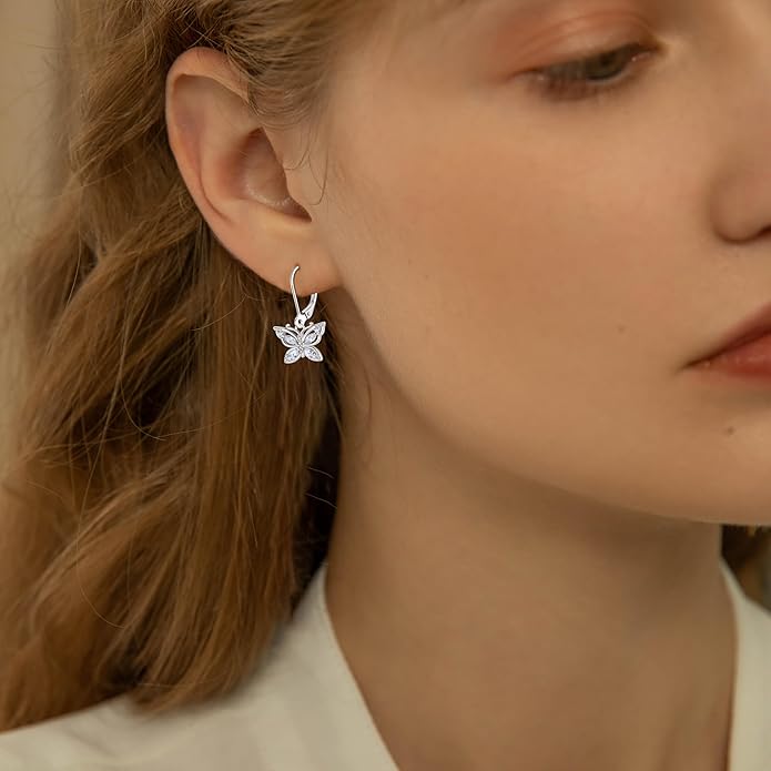 Women's Butterfly Leverback Dangle Earrings 925 Sterling Silver 5A Cubic Zirconia Jewelry for Valentine Mother's Day Birthday Gifts for Her
