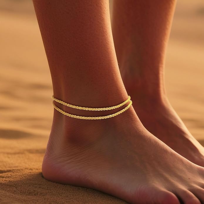 DEARMAY Dainty 14K Gold Plated Ankle Bracelets for Women, Waterproof 14K Gold Plated Link Chain Anklets Non Tarnish Set Pack Summer Beach Jewelry Gift
