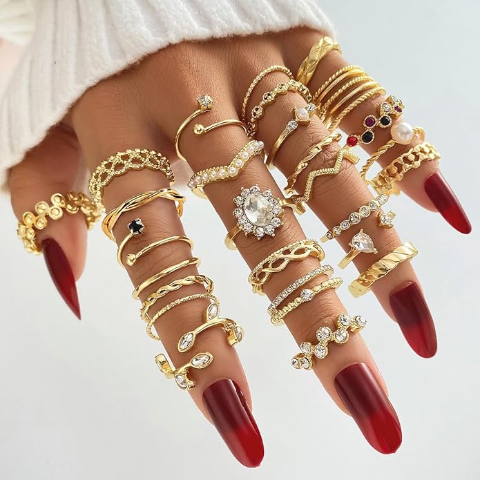 KISS WIFE Goldenen Silvery Black Kunckle Rings Set for Women, Dainty Simple Trendy Cute Stackable Finger Rings Pack, Perfect for Stacking Layering on Thumb and Knuckle, Mixed Size, Jewelry Gift