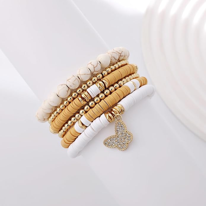 GOOJIDS Surfer Heishi Clay Bead Bracelets for Women Bohemian Stackable Gold Plated Beaded Stretch Bracelets Elastic Layering Friendship Bracelets Set Boho Jewelry