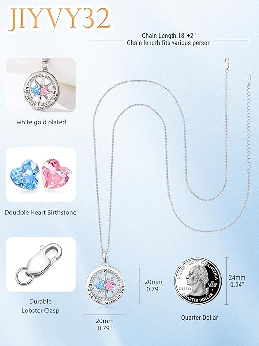 Compass Necklace for Women, Exquisite S925 Valentines Day Anniversary Birthday Gifts for Wife Her Double Birthstone Pendant Jewelry ‘I'd be Lost Without You’