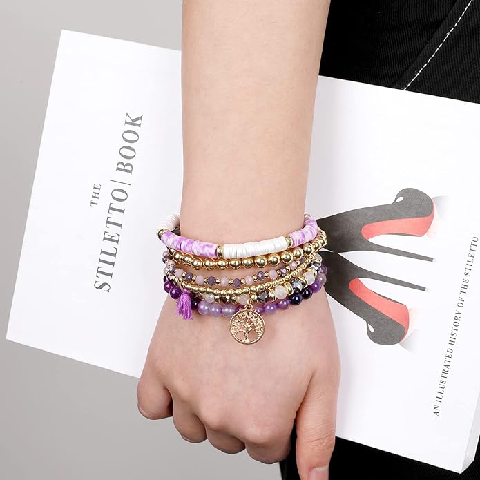 Bohemian Colorful Beaded Bracelets for Women Boho Stackable Natural Stone Letter Clay Glass Beads Stretch Bracelet Set with Charm, Cute Rainbow Friendship Bracelets for Summer Vacation