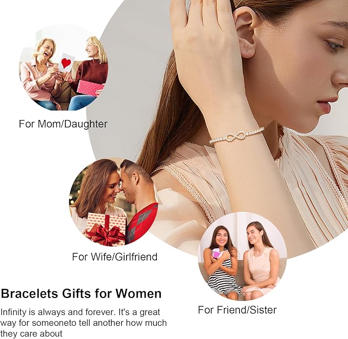 Moissanite Tennis Bracelets For Women, S925 Sterling Silver Infinity Bracelet, 3MM Width 18K Gold Plated White Gold Adjustable Bolo Bracelets- Birthday Christmas Gifts For Mom Wife Her