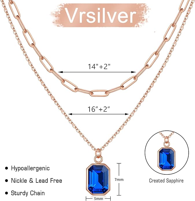 Layered Birthstone Necklace for Women Girls, 14K Gold-Plated Paperclip Chain Choker Necklace with Rectangle Birthstone Pendant Birthday Gifts for Women Girls Dainty Small