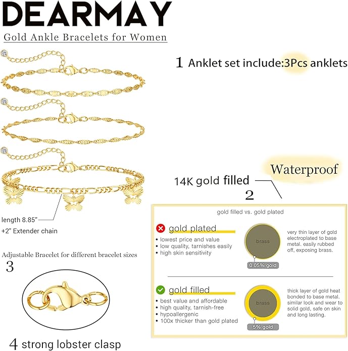 DEARMAY Dainty 14K Gold Plated Ankle Bracelets for Women, Waterproof 14K Gold Plated Link Chain Anklets Non Tarnish Set Pack Summer Beach Jewelry Gift