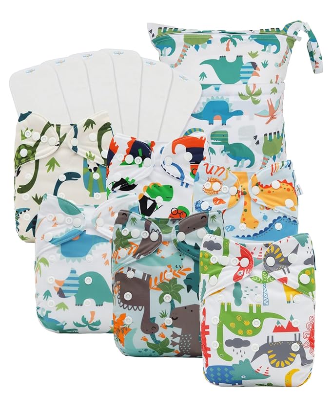 babygoal Dinosaur Cloth Diapers Pack of 13, Baby Reusable Washable Pocket Nappy, 6pcs Diapers+6pcs Rayon from Bamboo Inserts+Wet Bag 6FB16-MB-B