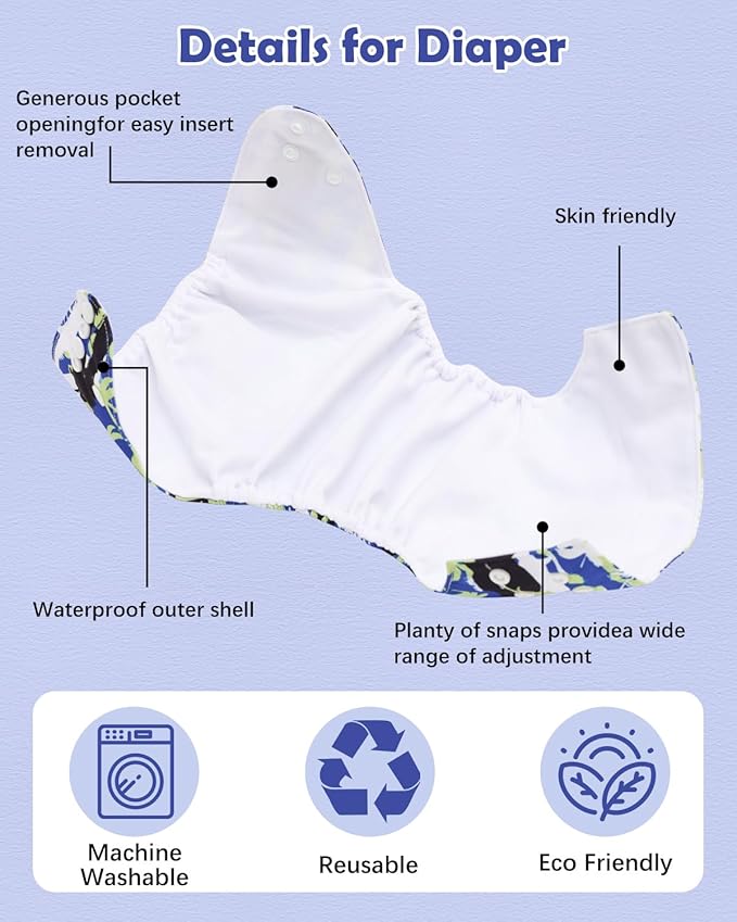 Babygoal Baby Cloth Diaper 6 Pack with 6pcs Inserts and Wet Bag for Fitted Diapers and Prefolds, Adjustable and Reusable Covers for Toddler Boys and Girls