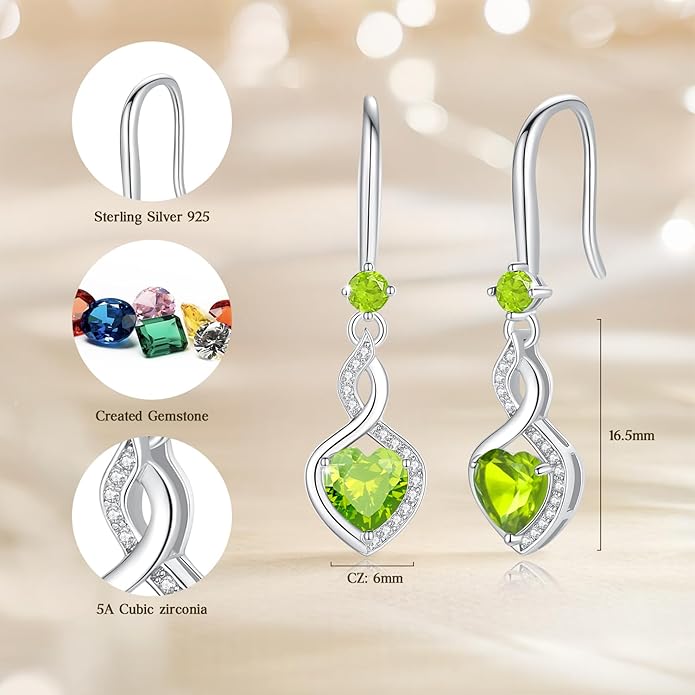 FANCIME Heart Infinity Dangle Drop Earrings 925 Sterling Silver Heart Gemstone Birthstone Earring