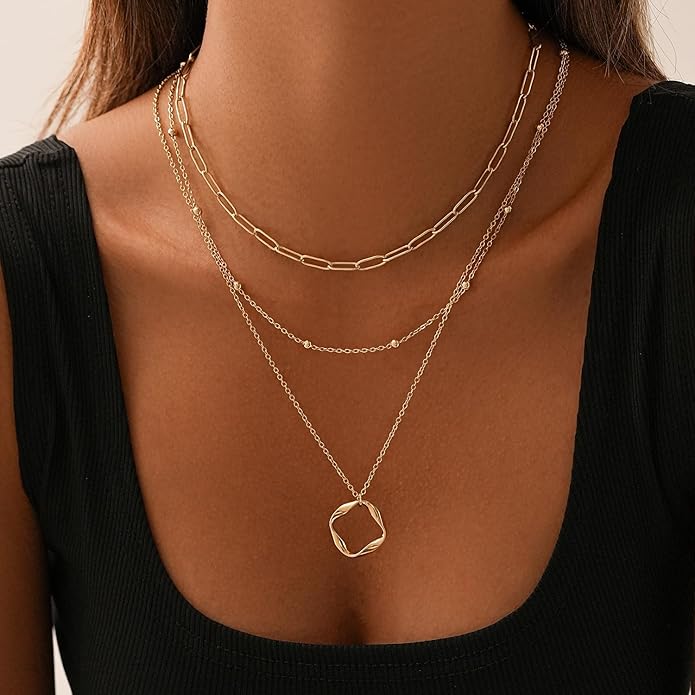 Women's Multi-Layered Gold Necklace, Stackable Delicate 14K Gold Plated Fashion Round Multi Layers Pendant Necklace, Gold Jewelry Set Gifts
