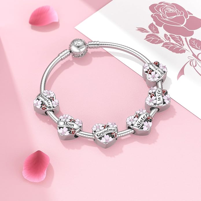 JIAYIQI Heart Love Charms for Mom Grandma Daughter Sister Friend Wife Fit Bracelet 925 Sterling Silver Daisy Ladybug Charm Bead Valentine's Day Mother's Day Birthday Christmas Jewelry for Women