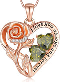 925 Sterling Silver Double Birthstone Rose Flower Heart Jewelry Necklaces for Women Anniversary Love Forever Necklaces for Her Birthday Gifts for Wife Girlfriend Mom Mothers Day Rose Gold