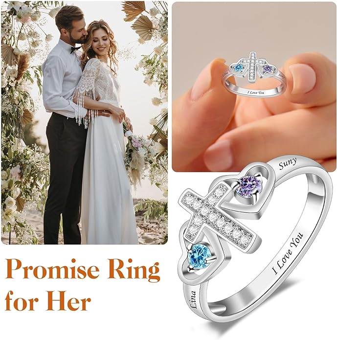 Personalized Heart Birthstone Rings for Women with 2 Birthstones Custom Name Rings for Couple Mother Daughter Jewelry Gift for Mother Her Christmas