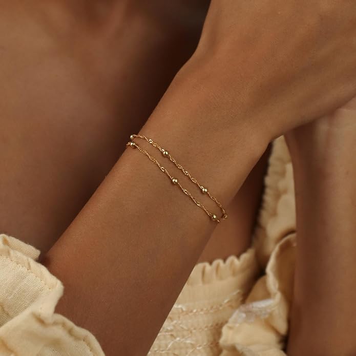 SLOONG Valentines Day Gifts for Her Gold Pearl Bracelets, 18K Real Gold Plated Dainty Stackable Snake Chain CZ Heart Pendant Bracelets, Layered Waterproof Jewelry Gift for Women Adjustable 6"+2"