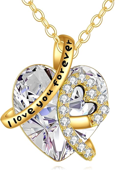 KECHO 14K Real Gold I Love You Forever Necklace Solid Yellow Gold Heart Birthstone Crystal Pendant Jewelry Birthday Mother's Day Anniversary Christmas Gifts for Women