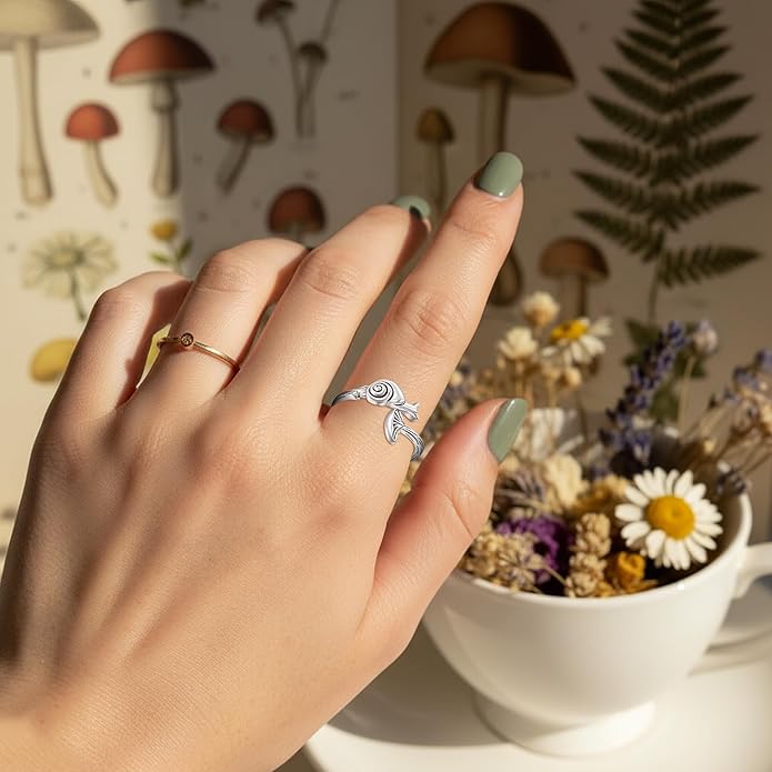 Mushroom Rings for Women Snail Sterling Silver Adjustable Open Ring Nature Inspired Adjustable Mushroom Jewelry Woodland Jewelry Gift for Women
