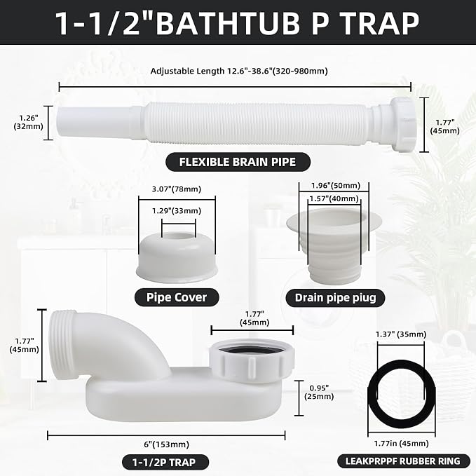 Flexible Bathtub Drain Pipe, Upgraded No-leak Low Profile 1 1/2 P Flat Drainage - Image 3