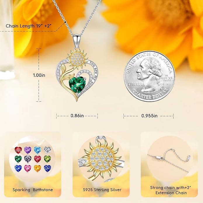 Iefil Valentines Day Gifts for Her - Sunflower Heart Birthstone Necklace Gifts for Women, Anniversary Birthday Gifts for Her 925 Sterling Silver Necklace You Are My Sunshine Jewelry for Wife Mom