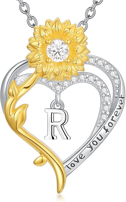 Initial Necklace 925 Sterling Silver Sunflower Heart Letter Pendant Alphabet Anniversary Birthday Jewelry Gifts for Women Mom Girlfriend Wife Her