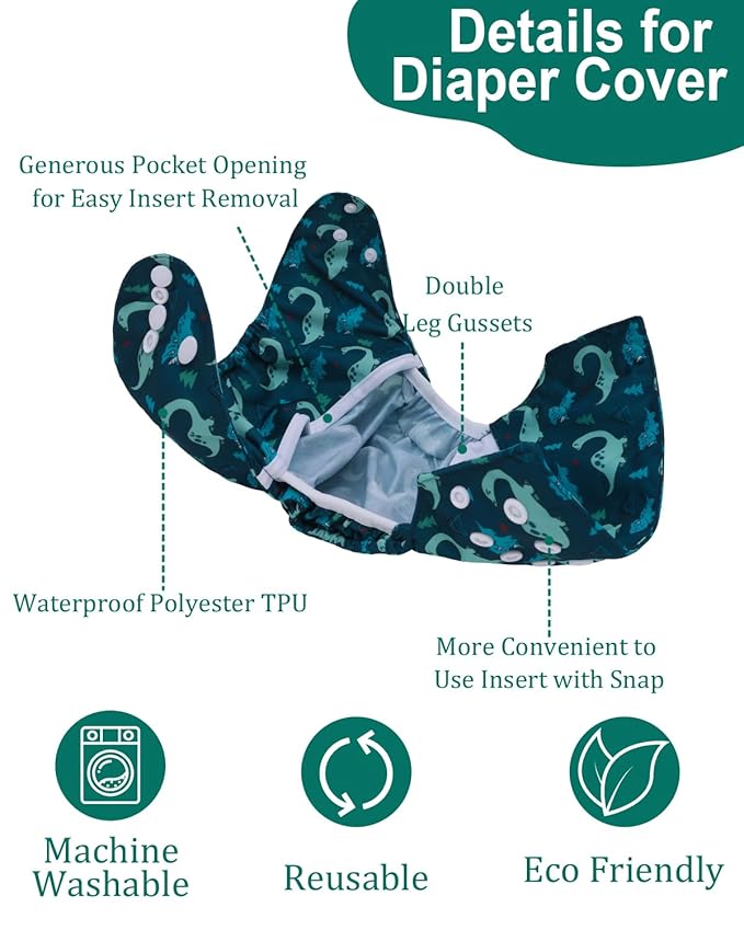 babygoal Cloth Diaper Covers 6 Pack with Wet Bag for Fitted Diapers and Prefolds with Double Gussets, Adjustable and Reusable for Baby Boys 6DCF14-B