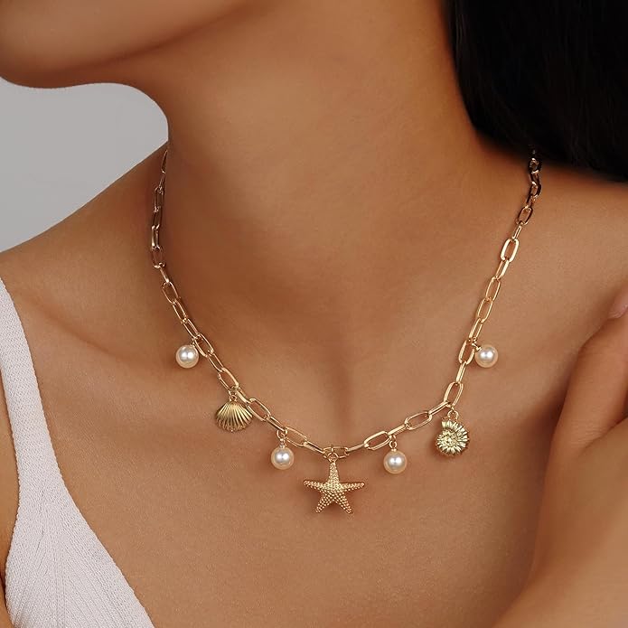 Evabelle Gold Layered Necklace for Women Trendy Jewelry 14K Real Gold Plated Chunky Chain Stackable Necklaces Dainty Choker Necklaces Rectangle Square Pendant