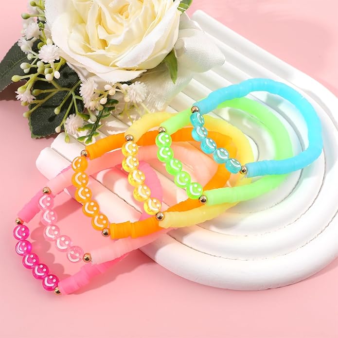 Bohemian Colorful Beaded Bracelets for Women Boho Stackable Natural Stone Letter Clay Glass Beads Stretch Bracelet Set with Charm, Cute Rainbow Friendship Bracelets for Summer Vacation