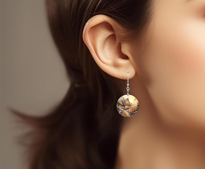 Round Wood Earrings Light Weight Printed Image Dangle Jewelry