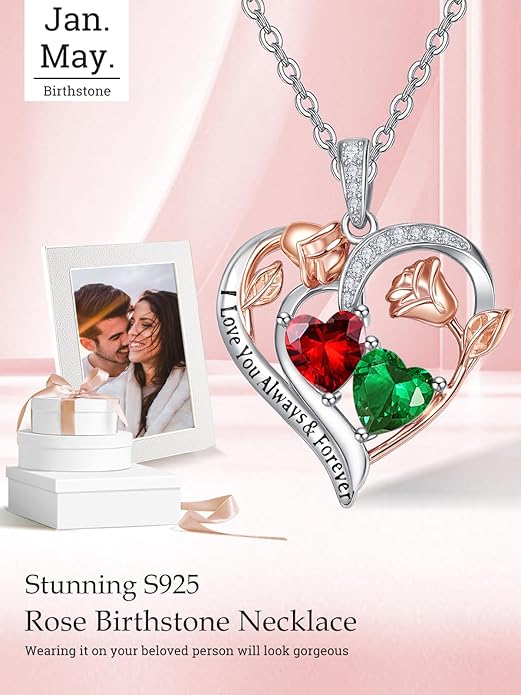 Valentine's Day Gifts for Wife 925 Sterling Silver Double Birthstone Pendant Necklaces I Love You for Always and Forever Necklace Anniversary Birthday Gifts for Wife Girlfriend Mom Her