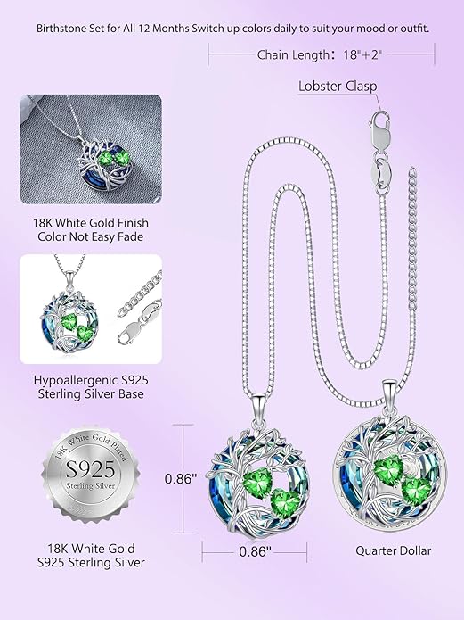 TOUPOP s925 Sterling Silver Family Celtic Tree of Life Pendant Necklaces with 2 Heart Birthstone with Blue Austrian Crystal Jewelry Birthday Valentines Day Gifts for Her, Anniversary Christmas Gifts for Wife Girlfriend Mom (18K Real White Gold Filled)
