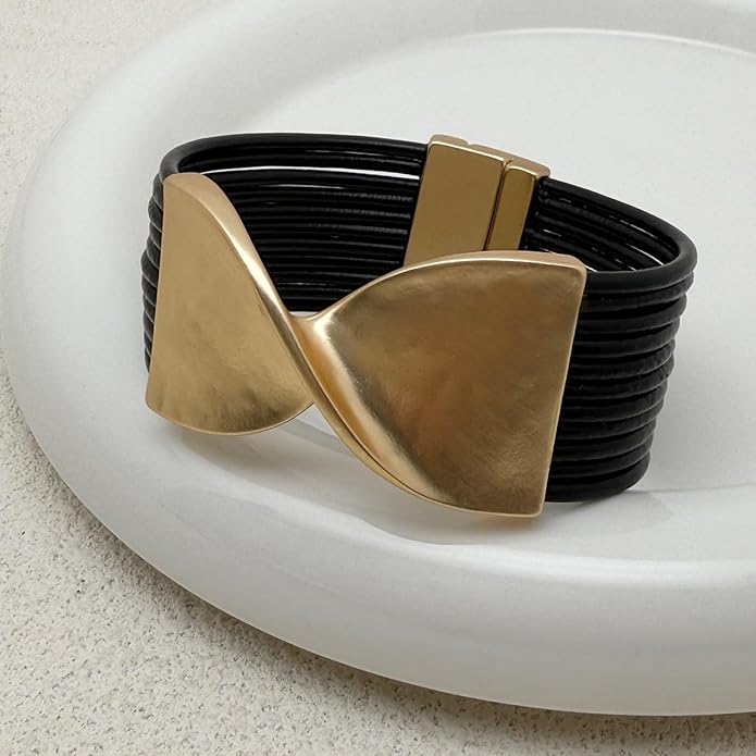 Leather Bracelet for Women Black Wrap Bangle Gold Infinity Bow-knot Bead Heart Bracelet Chunky Layered Bracelets for Women Trendy