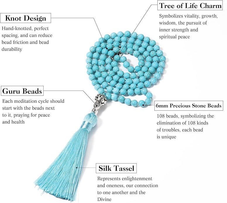 INBLUE 108 Mala Prayer Beads Wrap Necklace with Long Tassel Boho Necklace for Women Amazonite Bead Bracelet with Spiritual Tree of Life Pendant 108 Beads Necklace for Meditation