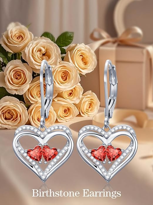 Valentines Day Gifts for Women, Heart Leverback Earrings Double Birthstone Dangle Earrings for Women, Love Jewelry for Her, Anniversary Birthday Gift for Mom Wife Girlfriend