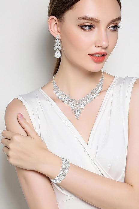 Elegant Bridal Wedding Jewelry Set for Women/Brides/Bridesmaids Teardrop Crystal Leaf Cluster Jewelry Set for Wedding Prom Party Bridal Bridesmaids Rhinestone Crystal Necklace Earrings Bracelet Set