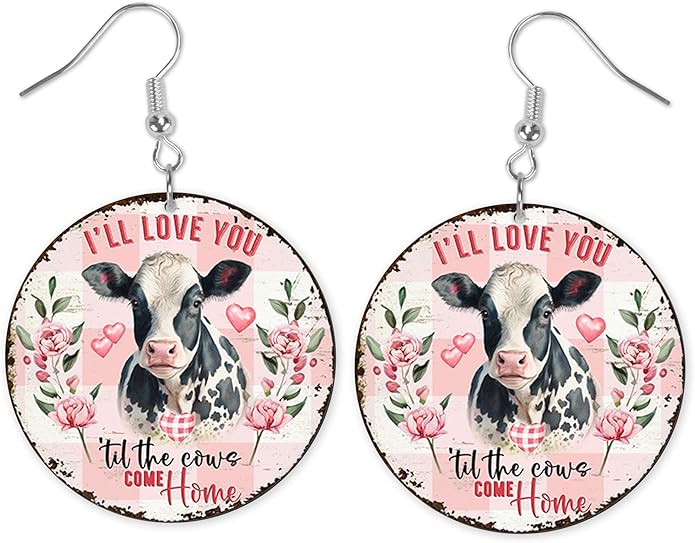 Round Wood Earrings Light Weight Printed Image Dangle Jewelry