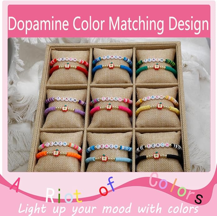 COLOYAN 18PCS Teacher Appreciation Gifts for Women Men, Teacher Gifts Wooden Beaded Bracelet elastic Clay Bracelet, Birthday Christmas Thanksgiving Thank You Gifts for Teachers