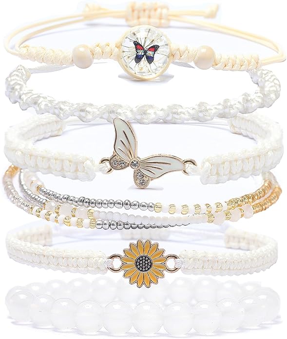 DS 6PCS String beads Charm Bracelets for Teen Girls Handmade Braided Rope Butterfly daisies Eternal flower Boho Surfer Bracelet for women Adjustable friendship Stretch birthday jewelry Gift Friends