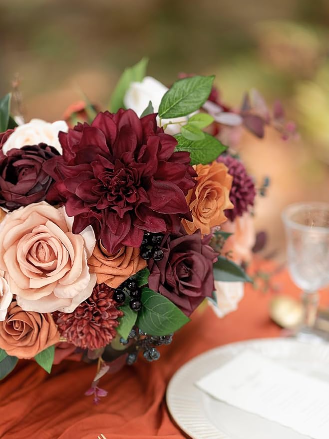 FACINOC Artificial Flowers Orange Burgundy Fake Flowers Dahlia Roses Bulk | DIY - Image 5