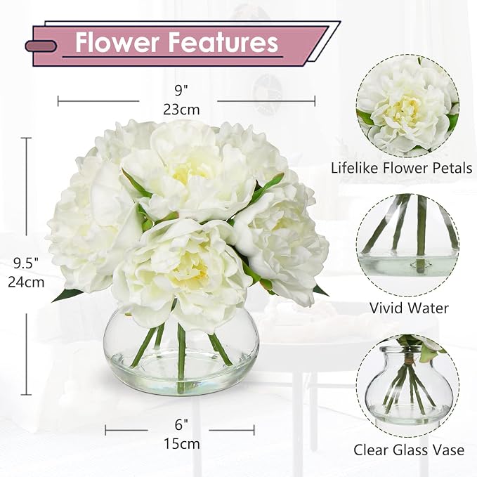 Hollyone Fake Flowers White Peonies Artificial Flowers Faux Flowers - Image 2