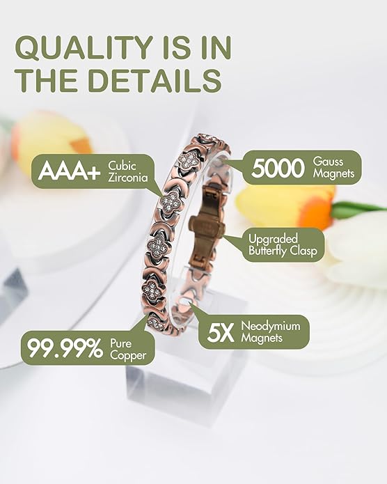 Feraco Pure Copper Bracelets for Women, 5X Ultra Strength Magnetic Bracelet with 5000 Gauss Neodymium Magnets & Upgraded Butterfly Clasp, Adjustable Jewelry Gift